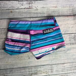 Savage Barbell Shorts Women L Blue Pink Striped Compression Workout CrossFit